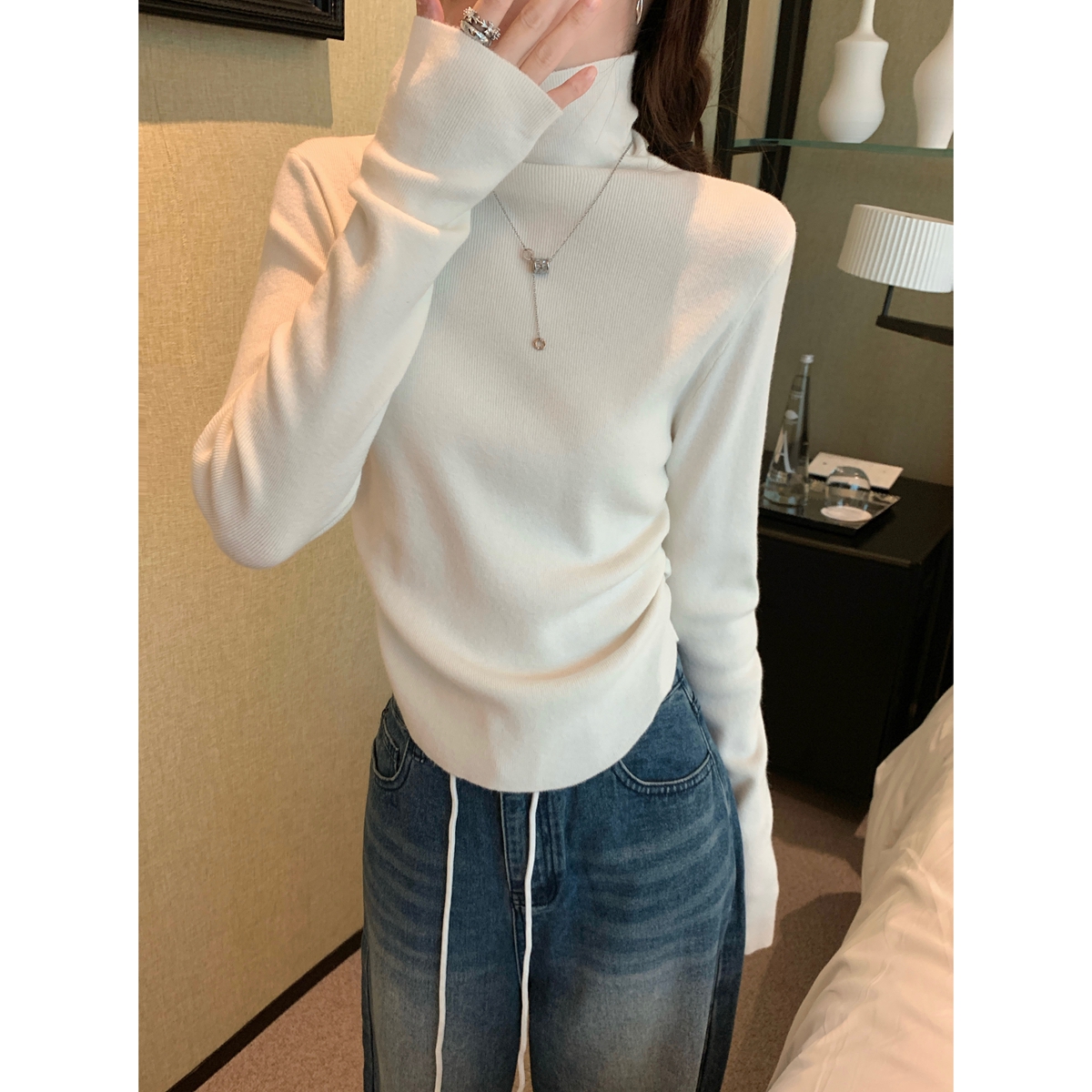 Actual shot of Korean style autumn and winter temperament pile collar pleated Andy velvet sweater bottoming long-sleeved sweater top
