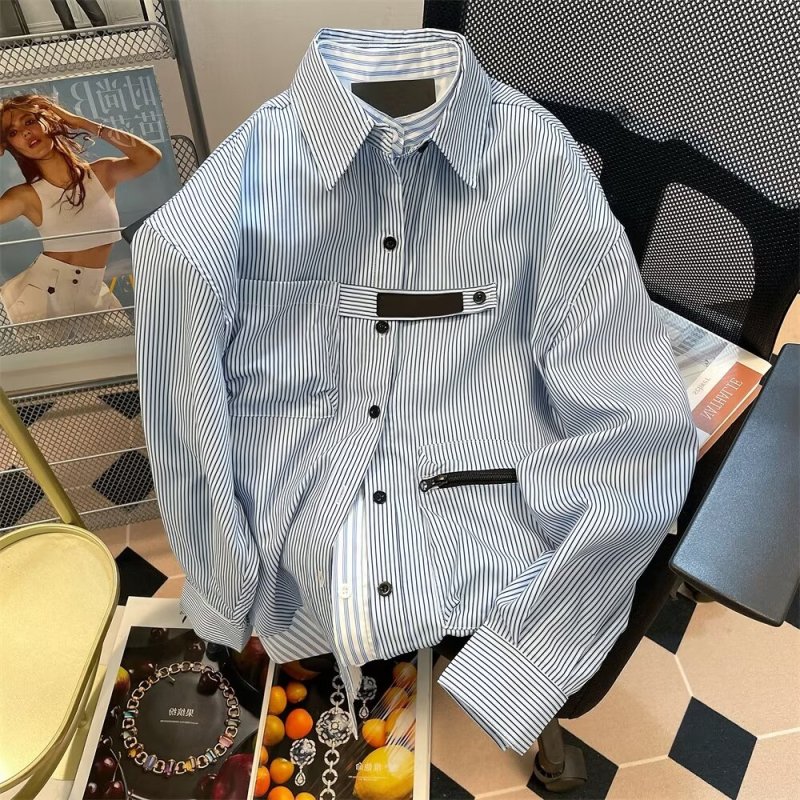 Design niche fake two-piece spliced ​​striped shirt for men and women chic Hong Kong style workwear handsome long-sleeved shirt jacket