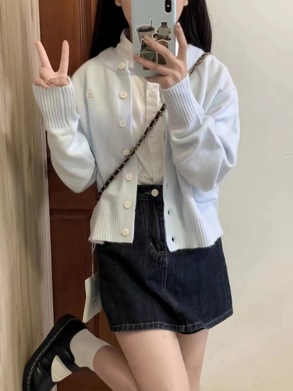 New soft and waxy lazy sweater Korean style light blue casual jacket women's popular spring and autumn long-sleeved knitted cardigan