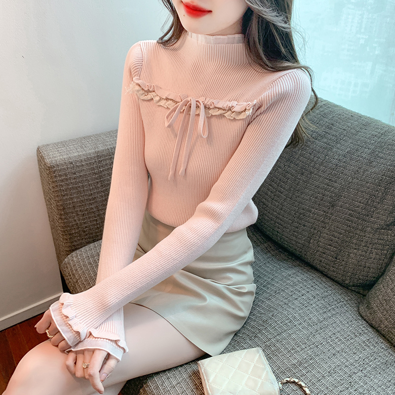 New autumn and winter wool sweater pullover, simple knitted fabric, half turtleneck, sweet lady