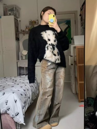 American casual sweater for women in spring, autumn and winter, American retro soft and waxy lazy loose sweater jacket