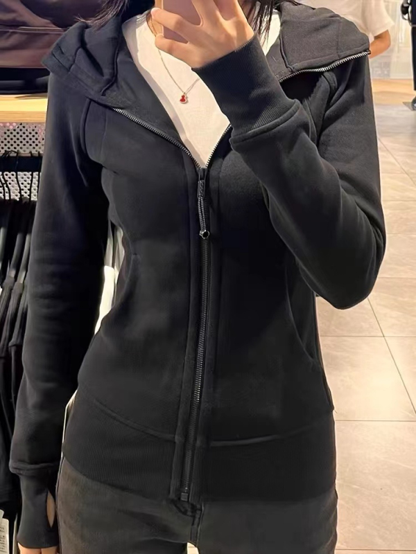 Autumn coat women's spring and autumn black sweatshirt autumn and winter 2024 new slim sports short hooded yoga top
