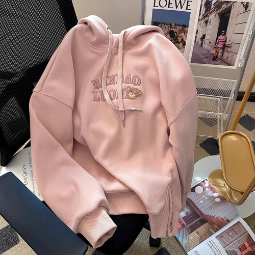 Little C's Pink Bear Embroidered Hooded Sweatshirt Women's 2024 Autumn and Winter New Style Western Style Age-Reducing Loose Top Plus Velvet