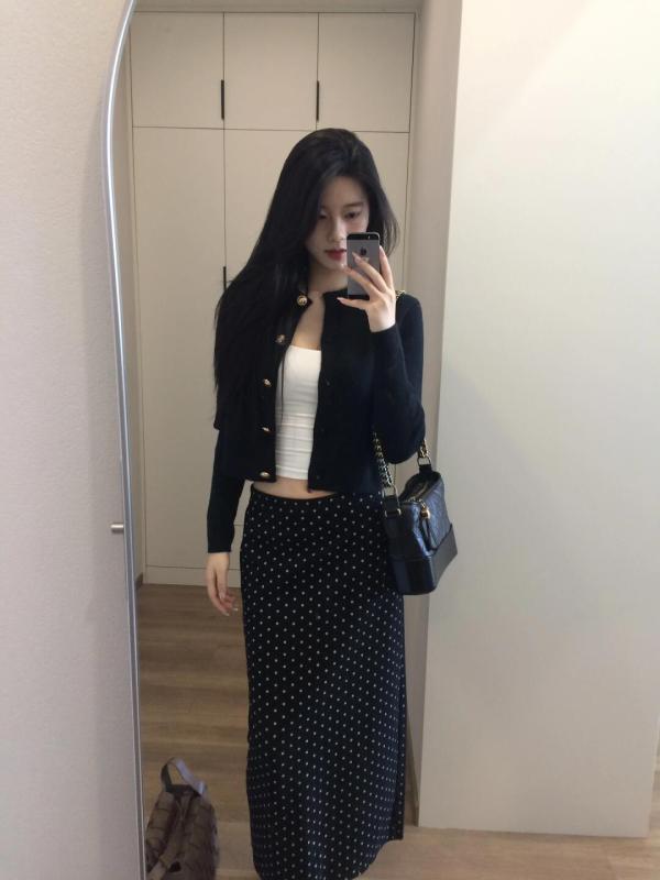 French retro sweater jacket + high waist polka dot skirt two-piece set