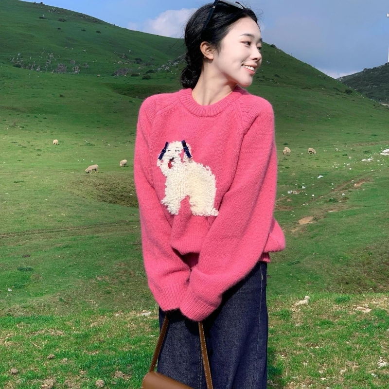 Sweet and cute bow puppy flocked pullover sweater for women in autumn and winter, lazy soft and waxy loose sweater top