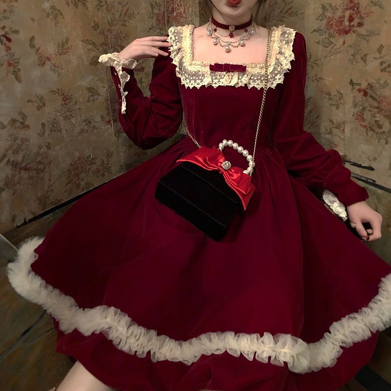 Designed bow lace velvet long skirt women's New Year's shirt temperament age-reducing princess style dress