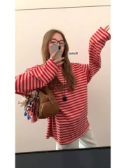 HEYGIRL Black Brother Happy Three Color Striped T-Versatile Lazy Round Neck Striped T-Shirt Women's Early Autumn Loose Top