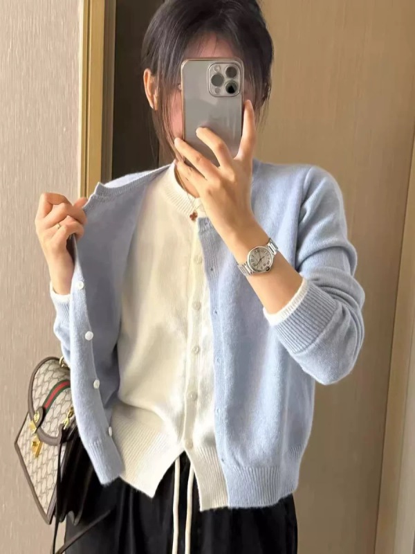 Fake two-piece knitted cardigan for women 2024 early autumn new Korean style layered sweater lazy style top jacket