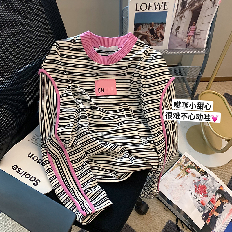 Official photo~original fabric, back collar, contrast striped sweatshirt, women's autumn and winter new niche design, loose
