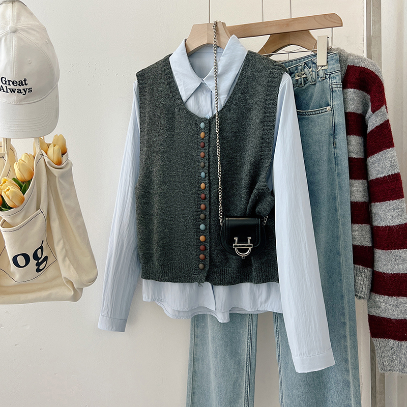 Autumn new style women's Korean-style gentle style layered colorful button design single-breasted vest two-piece set