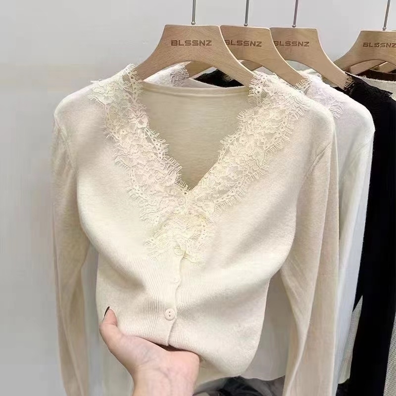 Lace v-neck sweater for women, cardigan sweater for spring, autumn and winter, unique design, short top, bottoming shirt for women