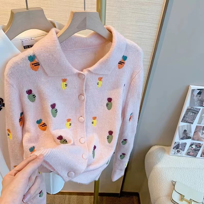 Net picture Cartoon embroidered lapel sweater for women retro fashionable sweet cardigan