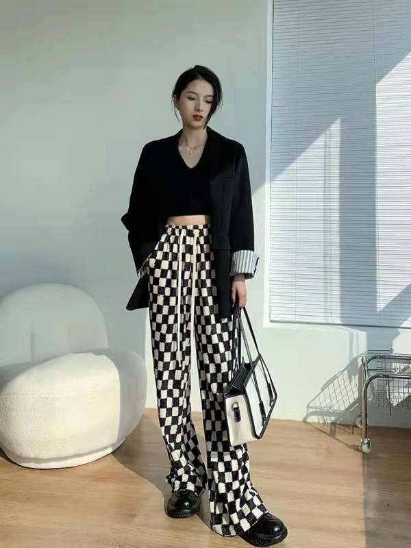White Deer Checkerboard Pants Women's Spring Slim Casual Straight Pants Loose Black and White Plaid Drape Wide Leg Pants