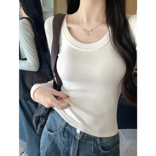 Real shot of cashmere plus velvet thickened long-sleeved T-shirt for women U-neck slim bottoming shirt