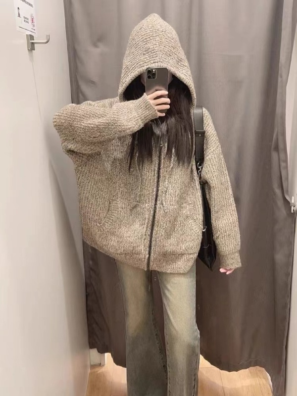 American retro cardigan jacket for women winter zipper drawstring hooded loose outer top
