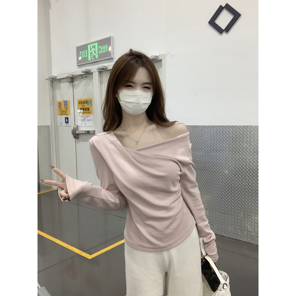 Actual shot of autumn and winter Korean style pure lust swing collar design versatile cashmere inner long-sleeved bottoming T-shirt top