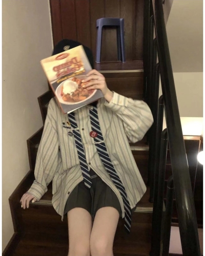 Tie brooch vintage striped shirt women's loose tie shirt top