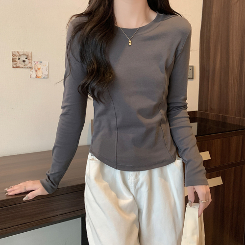 Spring and Autumn Slim Warm Bottoming Shirt Women's Short Curved Round Neck Bottoming Shirt with Long Sleeve T-Shirt Women's Korean Top