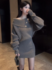Knitted Dress Women's Autumn and Winter 2024 New Fashion Sweater Dress Off-Shoulder Showing Figure Small People Hip-covering Skirt