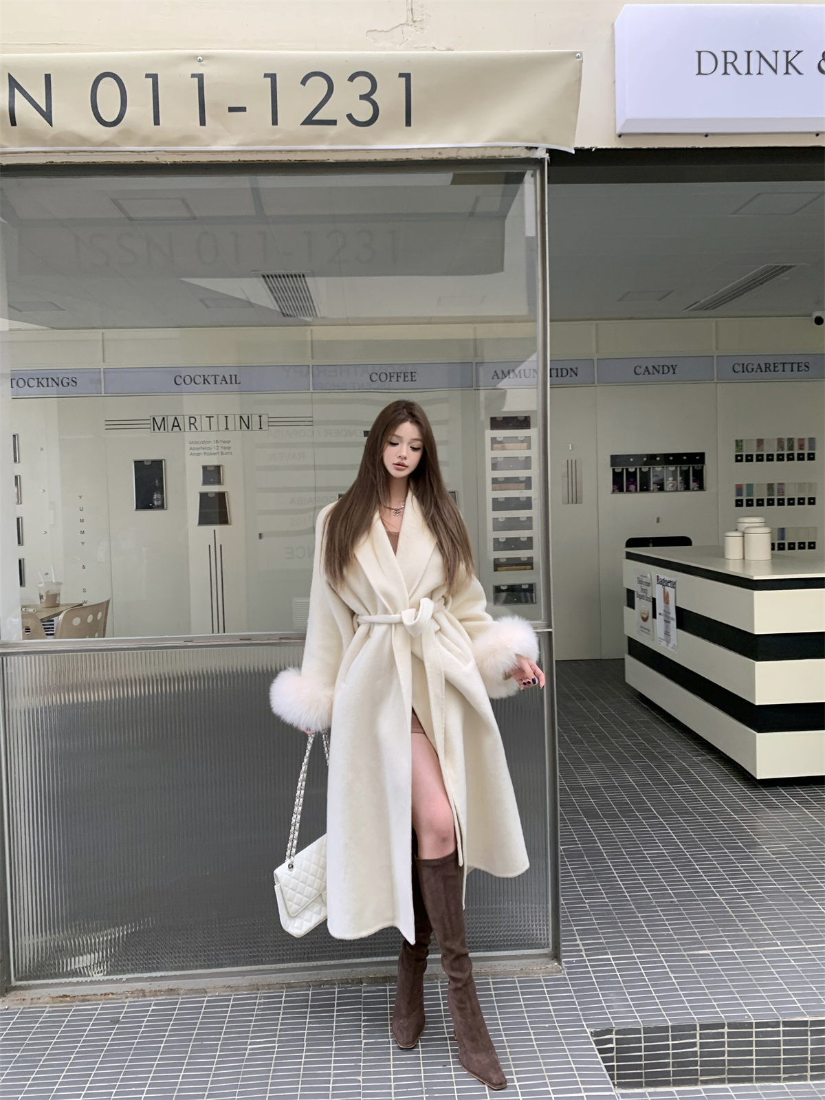 Actual shot of designer furry patchwork lace-up long woolen coat
