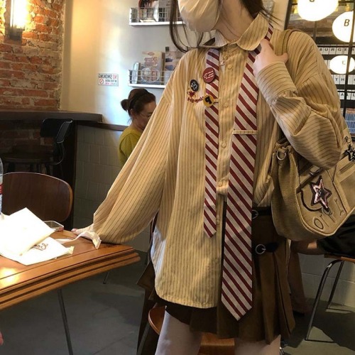 Tie brooch vintage striped shirt women's loose tie shirt top