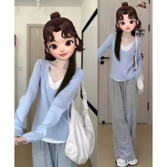 Knitted sweaters, new women's clothing, early autumn, breast-type wear, bottoming shirt, sweater, long-sleeved fake two-piece top