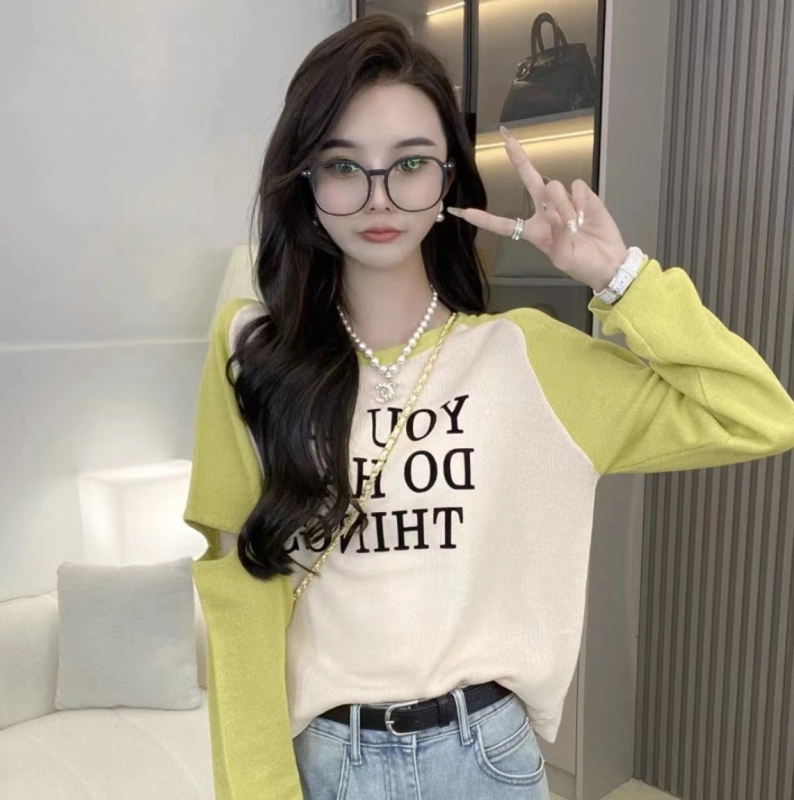 Summer new style letter print color block ice silk sweater women's long-sleeved versatile thin air-conditioning blouse top