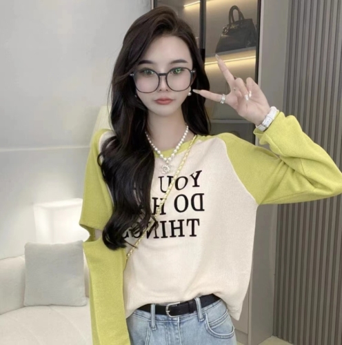 Summer new style letter print color block ice silk sweater women's long-sleeved versatile thin air-conditioning blouse top