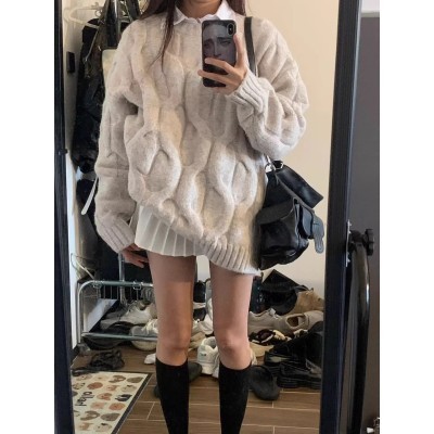 Korean drama gentle style soft milk blue twist sweater women's autumn and winter pullover loose outer wear lazy versatile thickened sweater