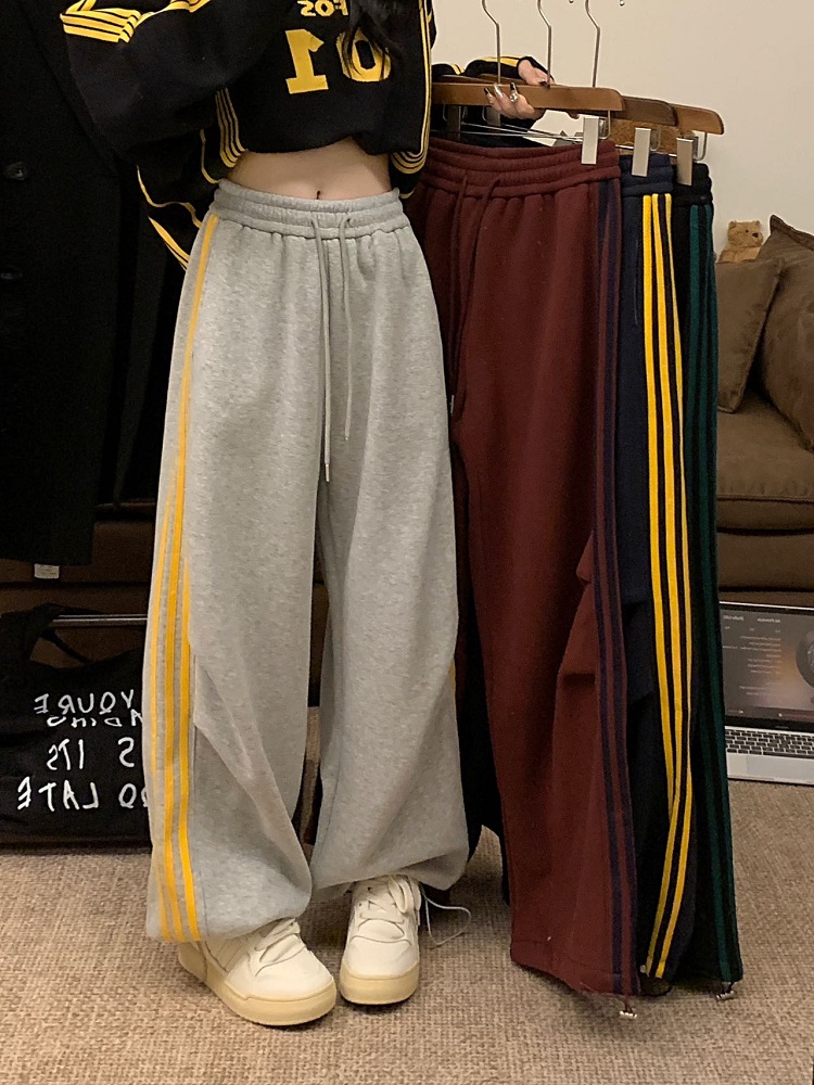 Shot Style American Color Block Striped Fleece Casual Pants Autumn Winter Loose High-Waist Drawstring Wide Leg Pants Sports Briefs