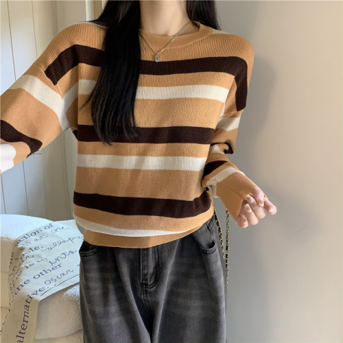 Actual price Stitched contrasting color round neck pullover striped loose sweater women's long-sleeved sweater top