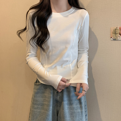 Spring and Autumn Slim Warm Bottoming Shirt Women's Short Curved Round Neck Bottoming Shirt with Long Sleeve T-Shirt Women's Korean Top