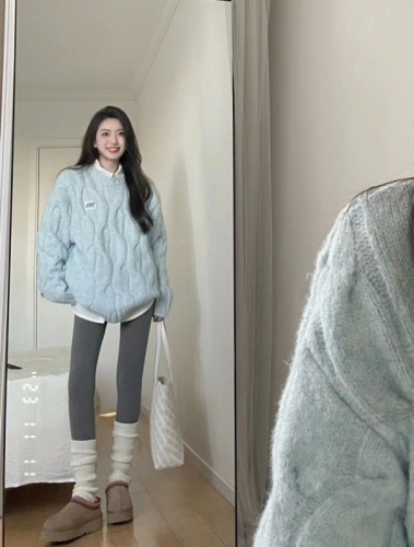 Korean drama gentle style soft milk blue twist sweater women's autumn and winter pullover loose outer wear lazy versatile thickened sweater