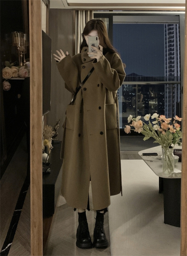 Korean double-breasted woolen coat for women autumn and winter 2024 new style foreign style loose mid-length woolen coat