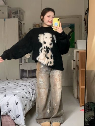 American casual sweater for women in spring, autumn and winter, American retro soft and waxy lazy loose sweater jacket