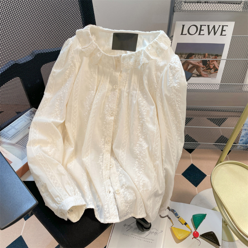 Korean chic spring and autumn French style gentle lace collar design loose and versatile long-sleeved shirts for women