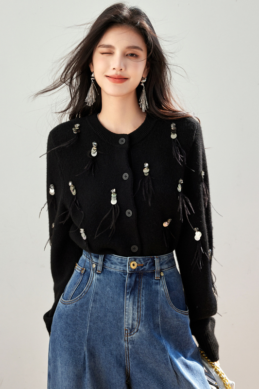 2024 Autumn French style tassel sequined black round neck knitted cardigan sweater for women