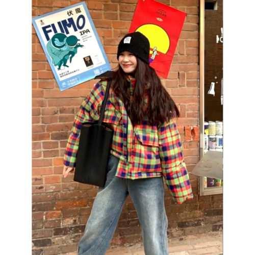 Retro plaid short cotton coat for women, new Korean style thickened cotton coat, bread coat