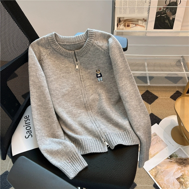 Sheepmere#lazy style embroidered knitted cardigan for women autumn and winter new double zipper loose sweater jacket