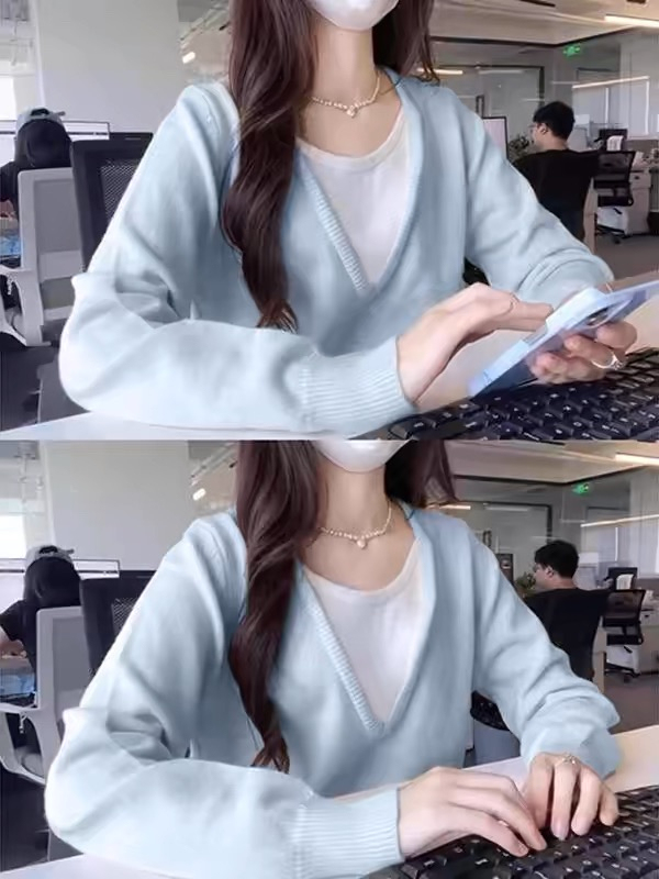 Sheep cashmere #blue v-neck fake two-piece sweater for women autumn and winter loose inner sweater Korean chic chic top