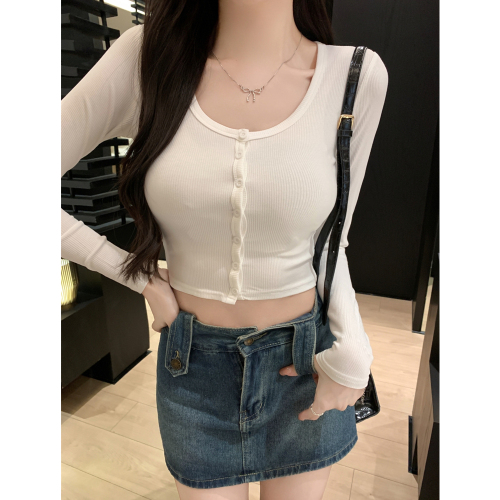 Real shot European and American ins style single-breasted slim long-sleeved T-shirt for hot girls