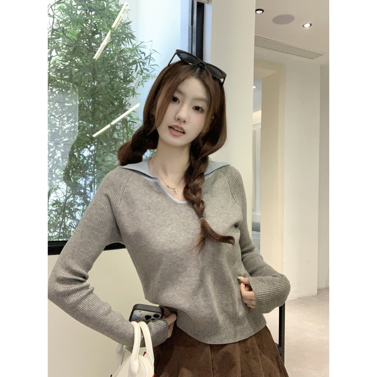 Real shot of autumn and winter Korean style contrasting polo collar raglan fake two-piece Andy velvet sweater with sweater underneath for women
