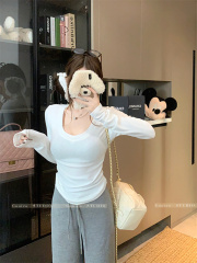 Actual shot of long-sleeved inner base T-shirt women's slim fit brushed top