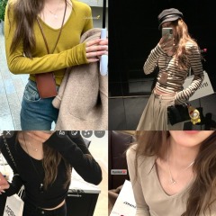 HEYGIRL Black Brother Multi-color inner wear multi-color V-neck light fleece bottoming shirt women's autumn solid color simple T-shirt