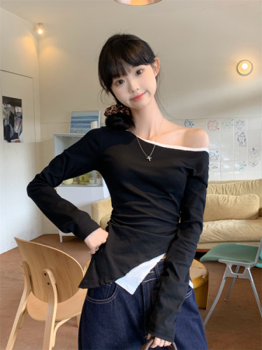 Real shot of slanted shoulder splicing long-sleeved T-shirt for women, autumn temperament, versatile casual waist slimming trendy top