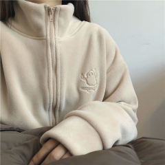 Extra-thick fleece embroidered turtleneck zipper hoodie cardigan women's warm fleece jacket plush coat