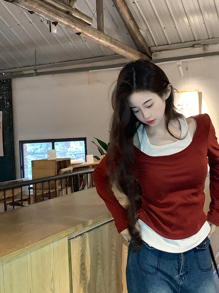 Actual shot~Round striped brushed warm round fake two-piece long-sleeved T-shirt for women in autumn and winter