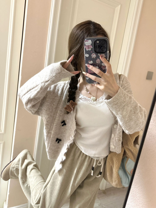 2024 Gray Knitted Cardigan Jacket Women's Autumn and Winter Loose Short Top Bow Sweater New Style