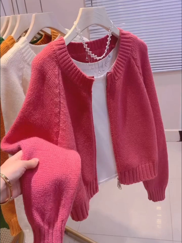 Rose red short sweater jacket for women in autumn new Korean style loose and lazy outer zipper knitted cardigan