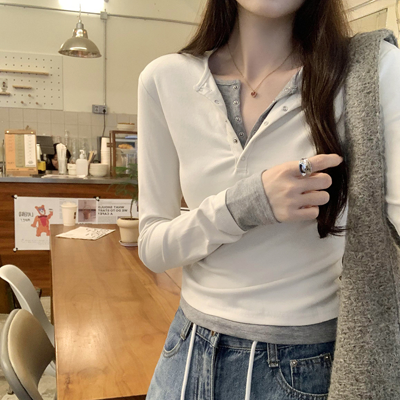 Real photos of color matching fake two-piece inner long-sleeved bottoming shirt for women 2024 niche high-end slim short t-shirt